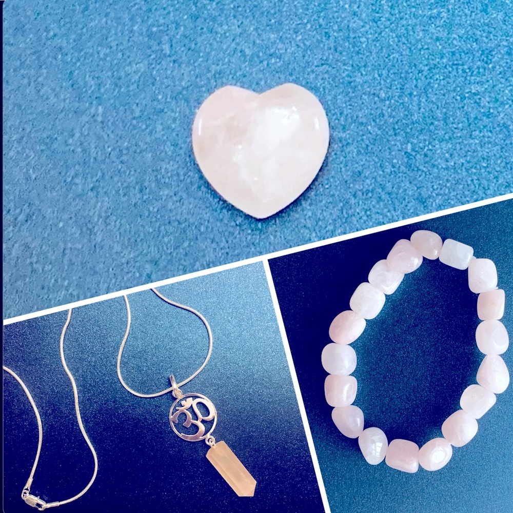 Rose Quartz Bundle - Necklace, Bracelet, & Meditation Heart Palm Stone
